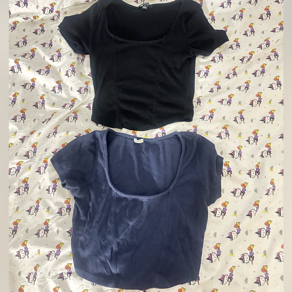 2 same styled tops! different brands(shein black top, garage blue)only one worn!